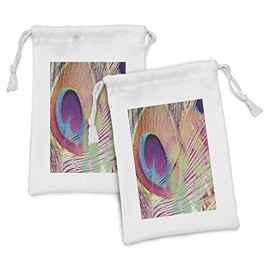 Ambesonne Feather Fabric Pouch Set of 2, Colorful and Macro Style Photo of Animal Fluff Delicate and Vibrant Layout Print, Small Drawstring Bag for Toiletries Masks and Favors, 9" x 6", Multicolor