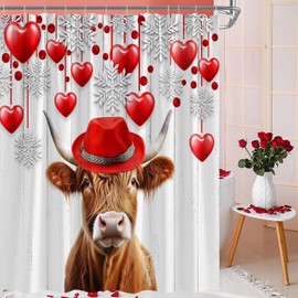 Valentine's Cow Heart Shower Curtain Funny Highland Cow Romantic Red Heart Snowflake Rustic Farmhouse Sweet Love Couple Cute Animal Modern Fabric Bathroom Curtain with Hook