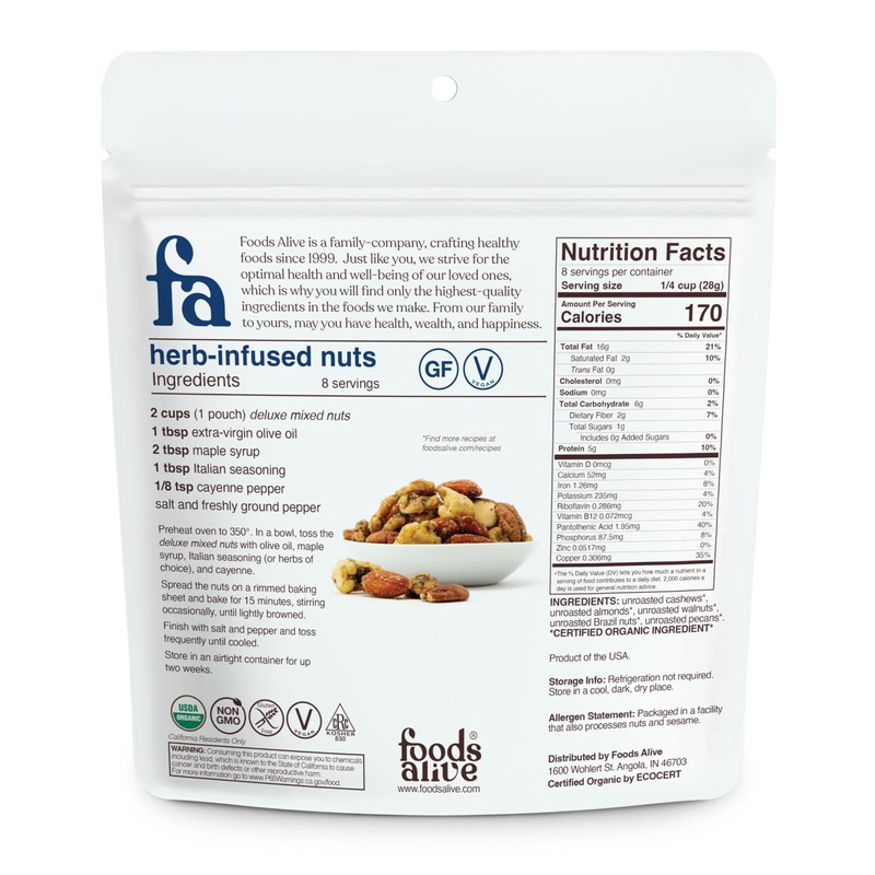 Foods Alive Organic Deluxe Mixed Nuts, 8oz, Kosher Blend of