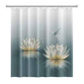 SDOTPMT Lotus Flower Shower Curtain, Sweet Dragonfly, Zen Spa Bath Curtain, Elegant Flowers, Spiritual Meditation for Female Bathtub Curtain, Waterproof for Bathroom, Bath Curtain with Hooks, 105 x