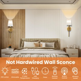 LGMCF Battery Operated Wall Sconce Set of 2, Rechargeable Wall Lights with Dimmable Detachable Charging Bulbs and Remote, 3 Color Temperature Wireless Sconces for Bedroom Living Room Hallway (Large)