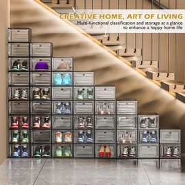 7 code Large Clear Shoe Boxes Organizer【Thicker Material】 Stronger Shoe Box with Magnetic Door, Stackable Shoe Storage Box for Closet, Foldable Space-Saving Storage Bins Shoe Cabinet, Black 9-Pack