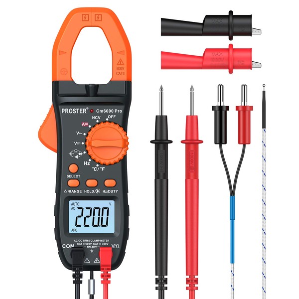 Proster Digital Clamp Meter TRMS 6000counts, 800A DC AC Current AC/DC Voltage NCV Continuity Capacitance Resistance Frequency Diode Hz Test, with1 PairTest Leads 1 Pair Alligator Clips