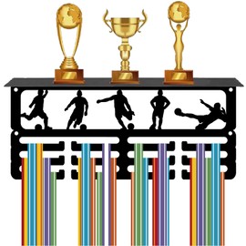 CREATCABIN Football Medal Hanger Display Trophy Shelf with 12 Hooks Soccer Medal Holder Hanger with Shelf Stand Sports Wall Mount Holds 60+ Medals Organizer Rack for Men Women Awards 11.4x5x4Inch