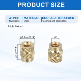 sourcing map 46 Pcs Threaded Inserts, M2 Brass Heat Set Insert for 3D Printing and Plastic Material Female Knurled Insert Nuts for Laptops Electronic Products, M2x3.5x4mm
