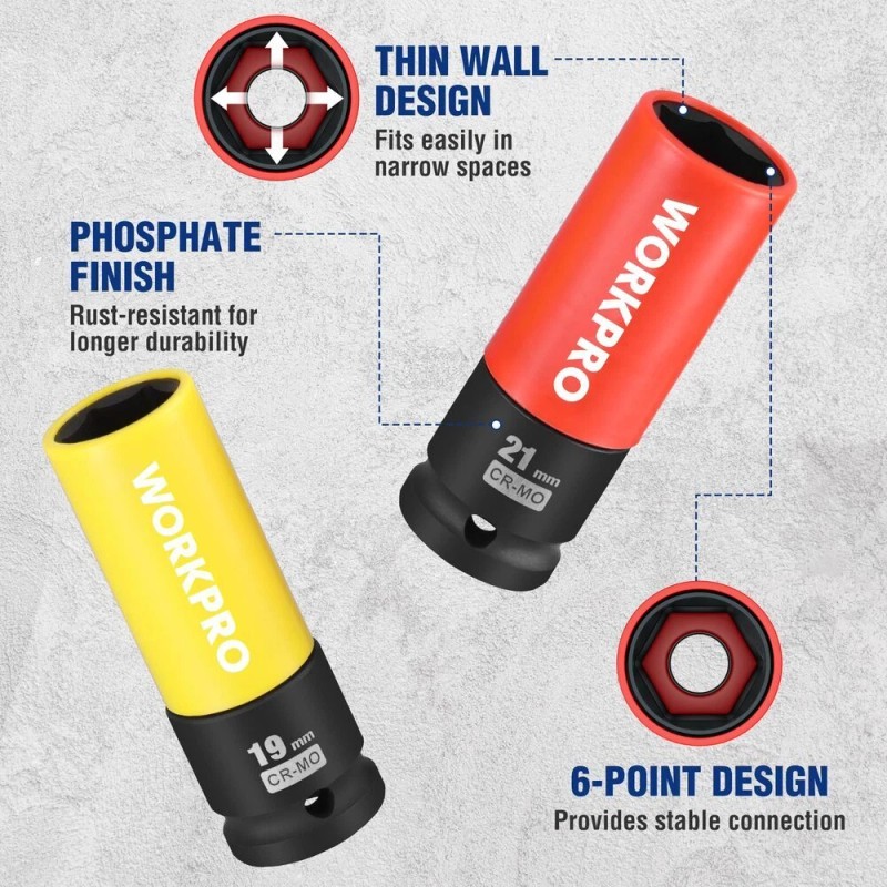 WORKPRO 5 Pieces 1/2 Inch Drive Impact Lug Nut Socket