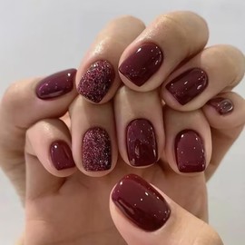 Burgundy Press on Nails Short Square Fake Nails with Glitter Designs Glossy Glue on Nails Artificial Acrylic False Nails Press ons Wine Red Stick on Nails for Women Girls 24 Pcs