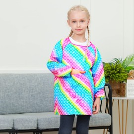 PASHOP Kids Art Smocks Unicorn Waterproof Painting Apron Smock for Girls Boys Long Sleeve Knee Length Artist Smock with Pocket for 3-12 Years (Rainbow Mermaid, 3-7 Years)