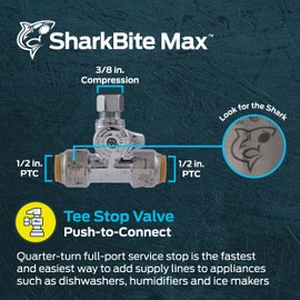 SharkBite Max 1/2 x 1/2 x 3/8 Inch Compression Tee Stop Valve, Push to Connect Brass Plumbing Fitting, PEX Pipe, Copper, CPVC, PE-RT, HDPE, UR24984A