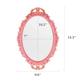 2PACK - Vintage Decorative Pink Framed Mirror, Wall Hanging Mirrors & Tabletop Tray for Bedroom Living Room Dresser Decor, Oval- 9.6" W x 14.3" L (PINK-2PACK)