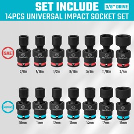 DURATECH 3/8" Drive Swivel Socket Set, 14 Pieces Shallow Universal Impact Socket Set, SAE&Metric Socket Set with Flexible Wobble, Cr-Mo Steel, 6 Points, Organized in Sturdy Storage Case