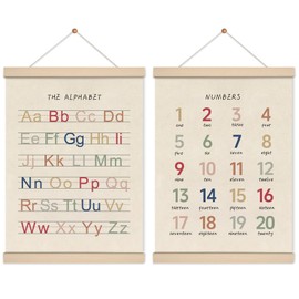 MuHsMan 2 Pack Alphabet Numbers Poster Hanger Frame, Boho Style Cottagecore Room Decor, Printed on Linen Hanging Wall Decor for Nursery Playroom Girls Boys Room, 12x16 Inch