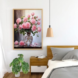 GLXPOG Flowers Diamond Painting Kits for Adults, Pink Roses 5D DIY Diamond Art Kits for Beginners Round Full Drill Painting with Diamonds Art Crafts for Home Wall Decor Gift 12x16 in / 30x40cm