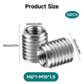 M10 to M6 Thread Insert, Wefaly Pack of 10 Screw-In Nuts, Stainless Steel Threaded Inserts, Slotted Helicoil for Furniture Projects, Automotive, Mechanical Devices, Repair, Assembly (Silver)