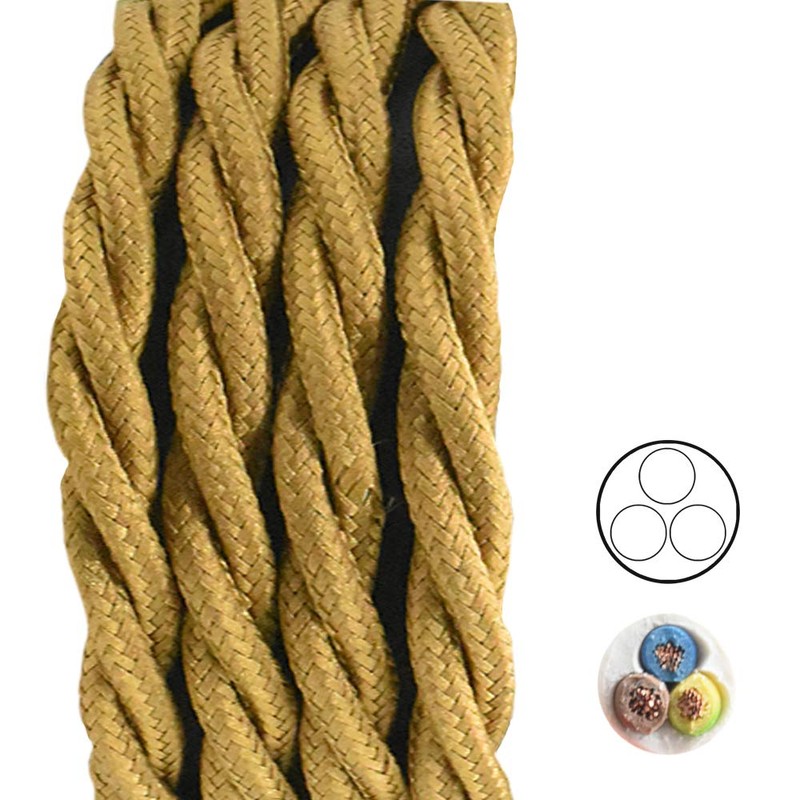 3 m Textile Cable Gold Twisted 3 x 0.75 mm²