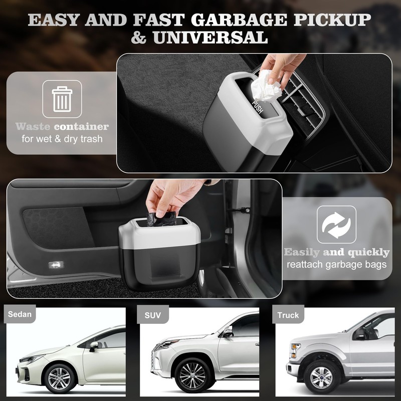 OUDEW Car Trash Can with Lid，Built-in Storage Garbage Bag，Leakproof Vehicle