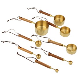 Gold Measuring Cup and Spoon Set - Stainless Steel Measuring Cups with Wooden Handles, 4 Measuring Cups and 4 Measuring Spoons, Suitable for Kitchen Baking and Cooking (8 Pcs)