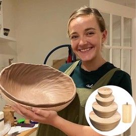 VCQIEO Wooden Pottery Clay Tools, 4 Sizes Wood Pottery Molds with Handle for DIY Ceramic Plate Dish Slump Bowls Press, Set of 5, Large