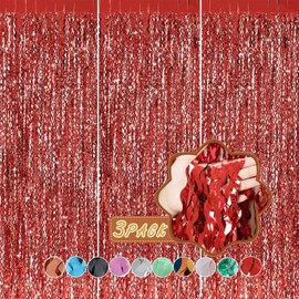 CYLMFC 3 Pack Red Aluminium Foil Curtains, 3.3ft x 6.6ft, Wavy Shape, for Party Decorations & Photo Background