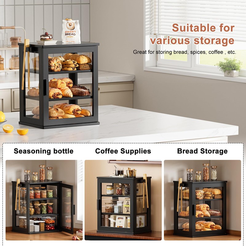 WOWLIVE Black Bread Box for Kitchen Countertop, Large 3 Layers