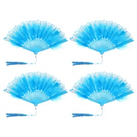 PATIKIL Embroidered Flower Marabou Feather Fan, 4 Pack 1920s Vintage Folding Handheld Fan Chinese Flapper Hand Fan for Costume Party Dancing Wedding Show Tea Decoration, Sky Blue