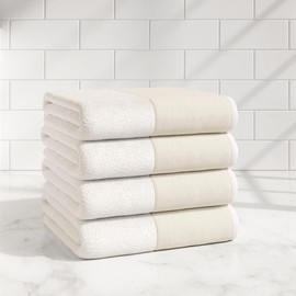 Great Bay Home White Bath Towel Set - Ultra-Soft 100% Cotton, Linen Like Border Design - 4 Bath Towels (54" x 30") - Absorbent, Quick-Dry, Lightweight Bathroom Towels