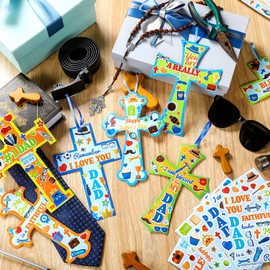Watersay 48 Set Religious Father's Day Craft Kit DIY Christian Cross Crafts Sticker Make Your Own Jesus Ornament for Sunday School VBS Class Art Project Home Party Activity (Father's Day, Blue)