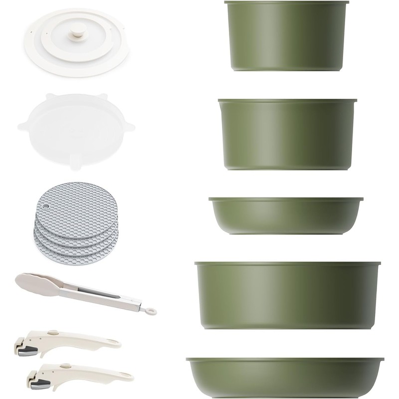 Caannasweis Detachable Nonstick Cookware Set - Stackable Induction Pots and