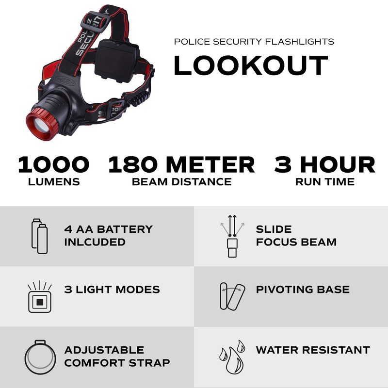 Police Security Lookout Headlamp - 1000 Lumens - Water Resistant