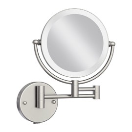 LEDOOLE Makeup Mirror Wall Mounted with Lights and 10X Magnification, 8 Inches Rechargeable Double Sided Magnifying, Touch Dimmable Extended Arm 360 Rotation, Foldable Cosmetic Mirror Brushed Nickel