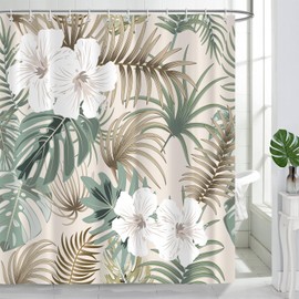 PAOPOED Tropical Shower Curtain for Bathroom, Green Palm Tree Flower Plant Boho Leaf Banana Monstera Sage Beige Shower Curtains Set, Fabric Bathroom Accessories with Hooks