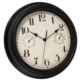 Foxtop Indoor Outdoor Waterproof Wall Clock with Thermometer and Hygrometer Combo, 12 inch Retro Silent Non-Ticking Battery Operated Quality Quartz Round Clock for Patio Home Decor (Black)