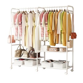 Clothes Rack with 4 Drawers, Metal Rolling Garment Rack with Double Rods and Side Hooks, Portable Closet Rack with Storage Shelves Wardrobe Closet for Hanging Clothes,White (14.5"D x 49.2"W x 64.2"H)