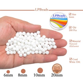 LPBeads 200Pcs Polished 6mm Round Natural White Alabaster Gemstone Loose Beads with Stretch Cord for Jewelry Making Bracelets
