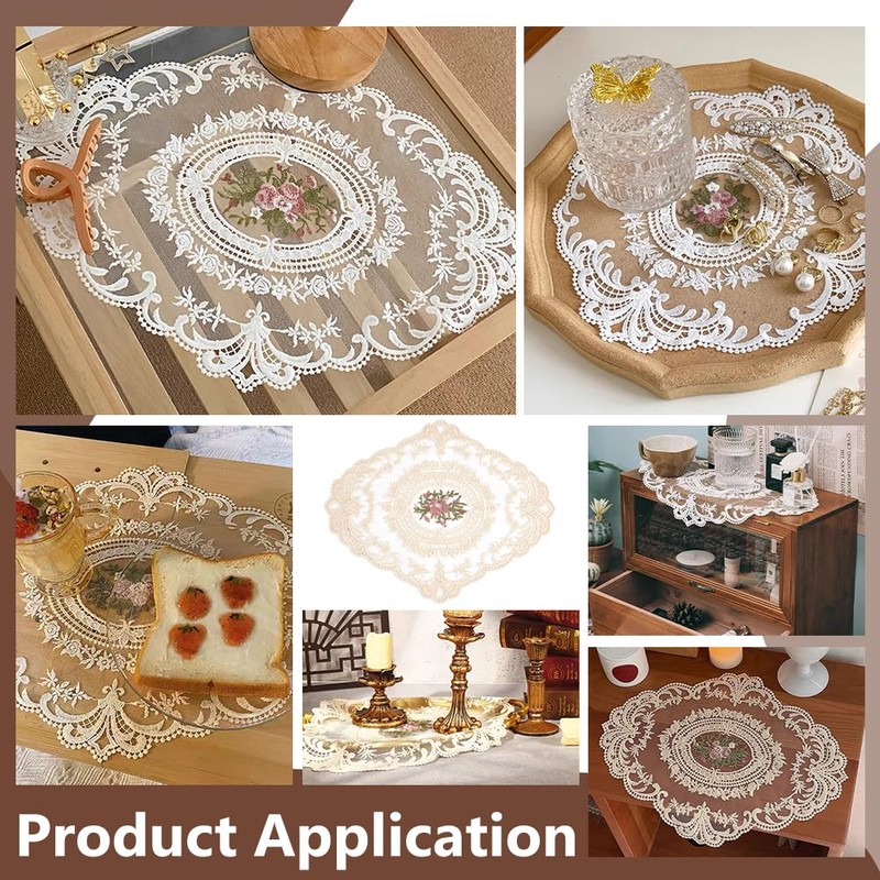 BENECREAT レースプレイスマット 6枚26.6ｘ21.4cm ヴィンテージ レースカップコースター ドイリーマット 花柄刺繍 花瓶敷き 滑り止め テーブルマット