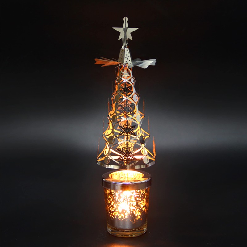 Rotating Silver Metal Tree Candle Holder - Spinning Tea Lights