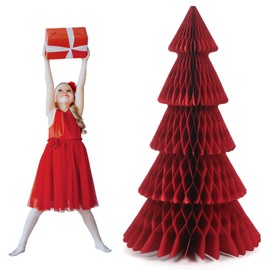 Poen 2.95 ft x 19.69 Inches Extra Large Christmas Tree 3D Honeycomb Paper Tree Xmas Centerpiece for Indoor Holiday Party Home Decorations(Red)