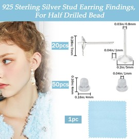 Beebeecraft 1 Box 20Pcs Pearl Cup Earring Post 925 Sterling Silver Stud Earring Findings 0.8mm Pin with 50Pcs Plastic Ear Nuts for Half Drilled Beads DIY Jewellery Making