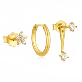 Aucuu 3 Pairs 14K Gold Plated Stud Hoop Earrings Set, Hypoallergenic Stud & Hoop Earrings Set with Cubic Zirconia, Stud Earrings Set for Women Girls for Multiple Piercings, Jewelllery Gifts