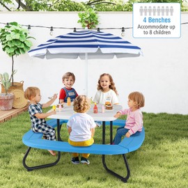 KOTEK 8-Person Kids Picnic Table, Toddler Activity Table with Removable Umbrella, 4 Built-in Benches, HDPE Top & Metal Frame, Kids Outdoor Table for Patio Garden Backyard (White+Blue)