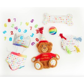 Dog Birthday Gift Box 6-Piece Hamper Present set, Perfect Dogs Happy Bday Celebration, includes Toys, Hat and Bandana (Small)