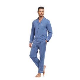 EA'S SECRET Men's 100% Cotton Pajamas Sets Long Sleeve Top and Pants Button Down Sleepwear Loungewear with Pockets(Light Blue,L)