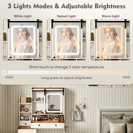 NUNU LAB Farmhouse Women Vanity Desk with Sliding Mirror and Lights, Rustic Big Makeup Table with Charging Station, Drawers, Cabinets, and Adjustable Shelves for Bedroom 42'', Brown