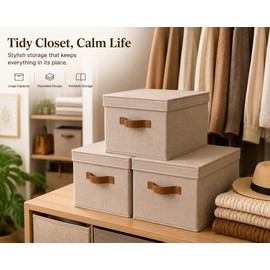Stackable Storage Bins with Lids, 3-Pack, Stackable Closet Organizer, Sturdy Storage Baskets with PU Handles