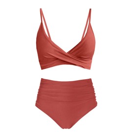 Amy Babe Women's High Waisted Bikini Sets Push Up Twist Front Spaghetti Straps Ruched Two Piece Swimsuit Bathing Suit Rust Red (XX-Large)