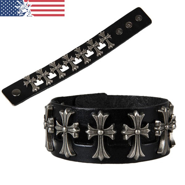 Unbranded Men's Punk Wide Genuine Leather Cross Spike Rivet Cuff