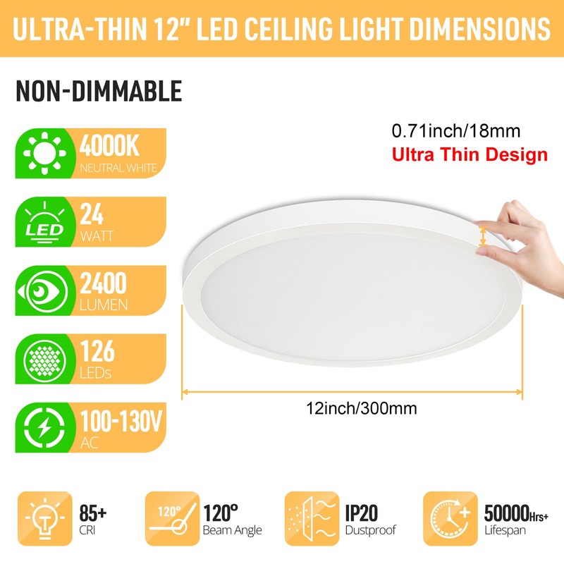 SunRider LED Flush Mount Ceiling Light Fixture, 4000K Neutral White,