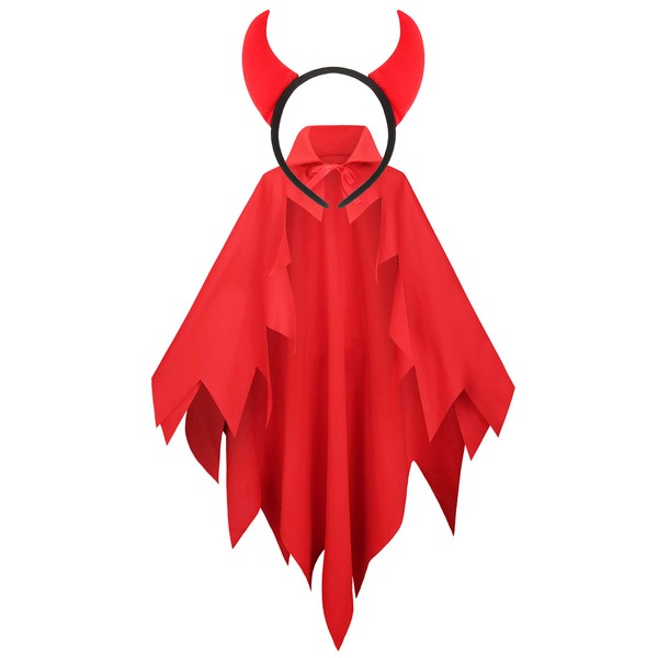Seawhisper Devil Costume Women's Devil Cape Devil Horns Headband Red