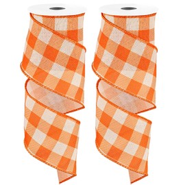 Whaline 2 Rolls Fall Buffalo Wired Edge Plaids Ribbon Check Ribbon Autumn Orange Beige Plaids Ribbon 2.5 Inch Farmhouse Craft Ribbon for DIY Gift Wrapping Wreath Tree Bow Decoration, 10 Yards