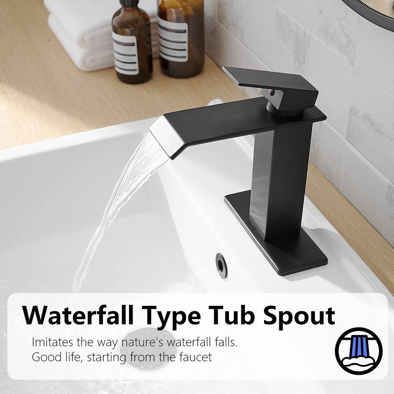 BATHLAVISH Matte Black Bathroom Faucet Waterfall Single Hole with Pop